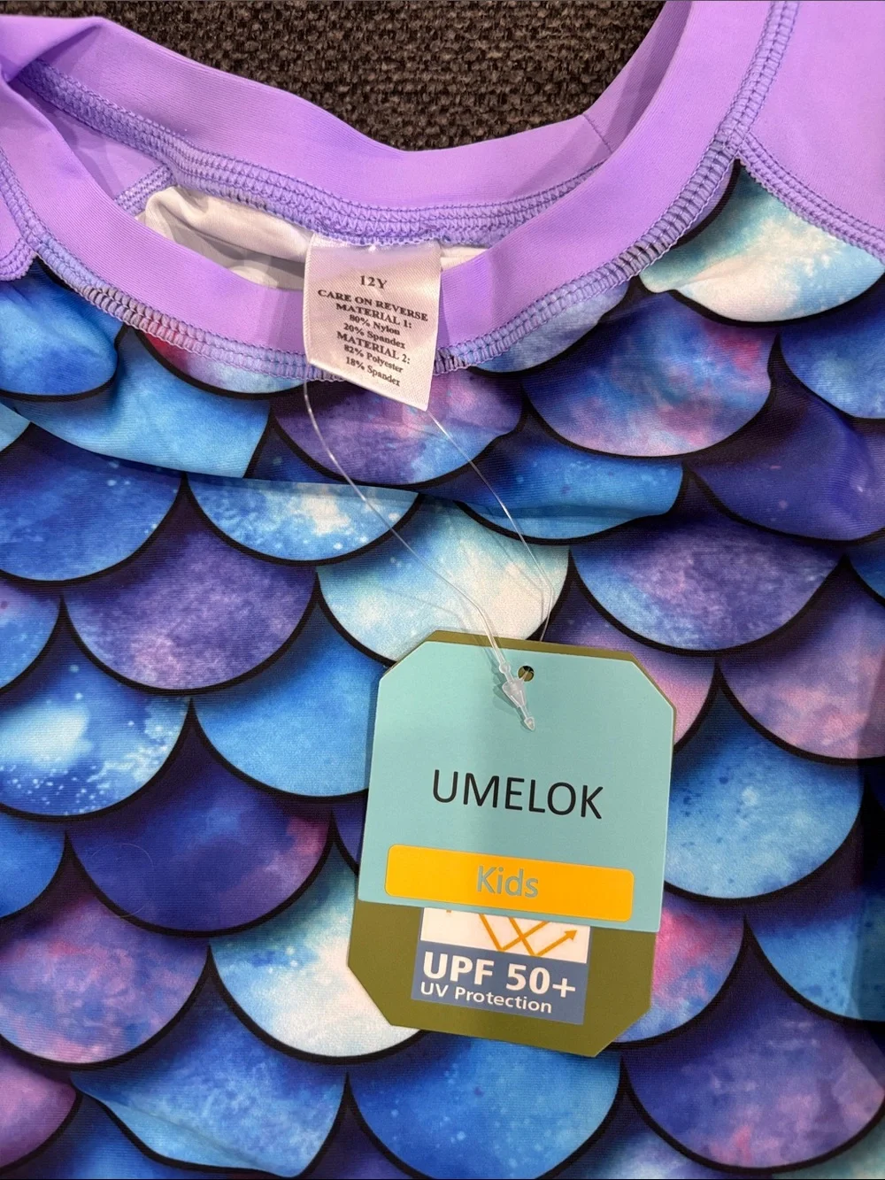 UMELOK Girls Rash Guard Swimsuit Set, Blue Purple Scales, 11-12 Years